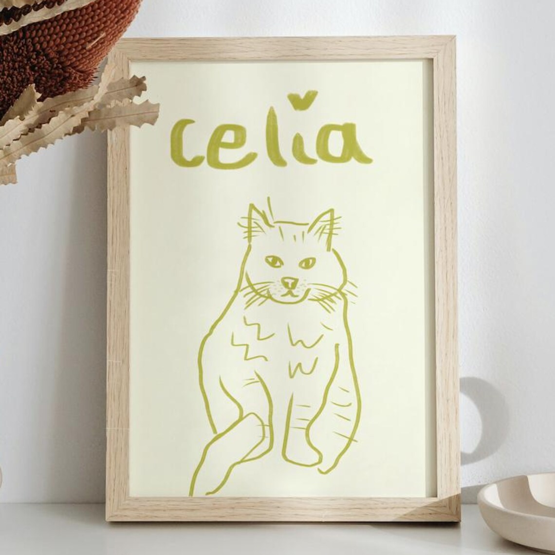 Celia the Cat Green Line Art Personalized Cat Name Minimalist Wall Art