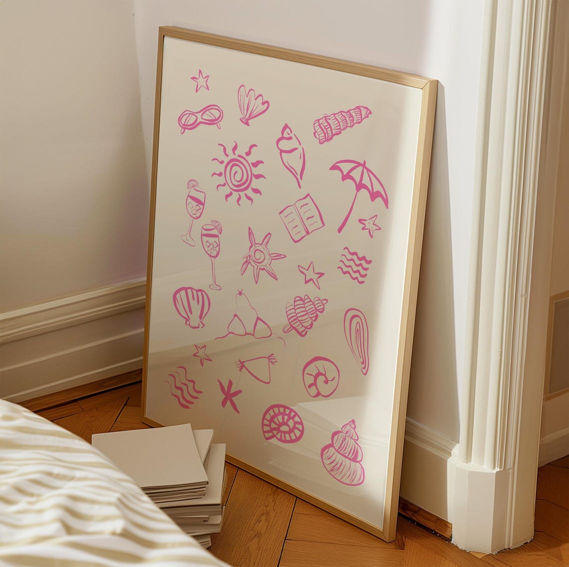 Blush Pink Coastal Icons Hand Drawn Summer Doodle Pattern Poster - Image 2