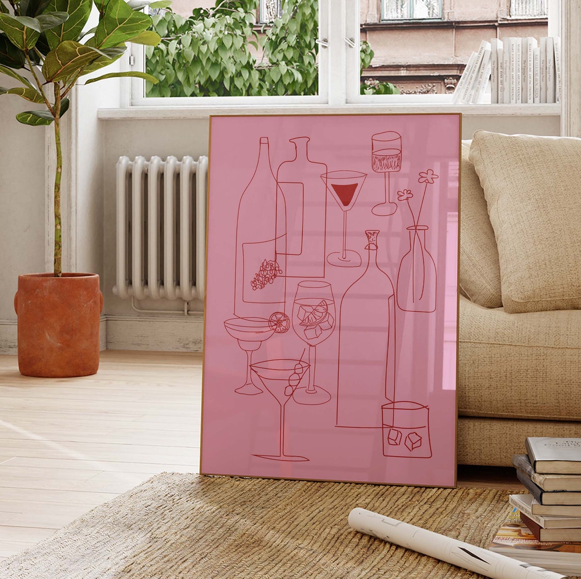 Pink Cocktail Bar Line Art Martini Glass Kitchen Decor Wall Art - Image 2