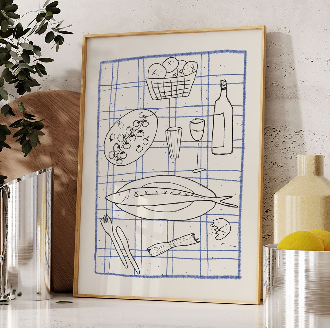 Dinner Party Hand Drawn Fish Wine Bread Blue Kitchen Art Poster - Image 3