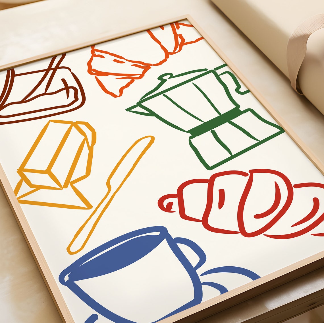 Retro Breakfast Line Icons Croissant Coffee Maximalist Art Poster - Image 3