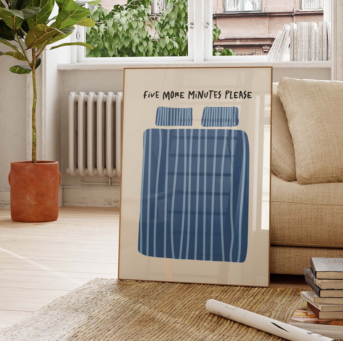Five More Minutes Retro Blue Bed Quote Art Print - Image 2