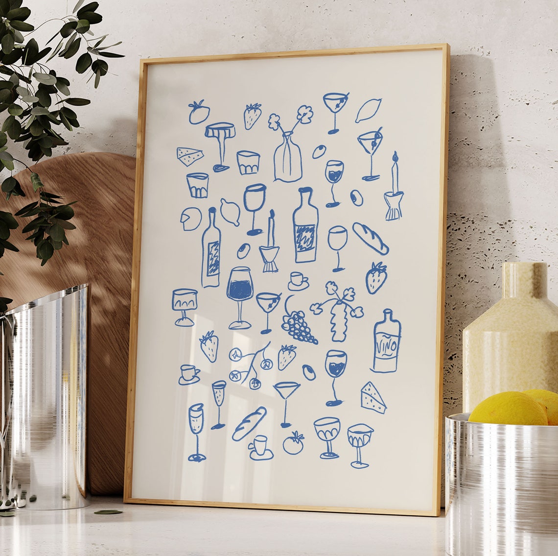 Blue Line Dinner Party Wine Glasses Cocktail Doodle Art Poster - Image 4