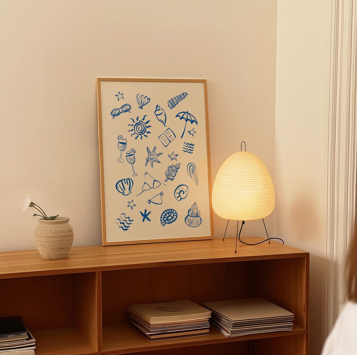 Cobalt Blue Coastal Icons Hand Drawn Summer Doodle Pattern Poster - Image 2