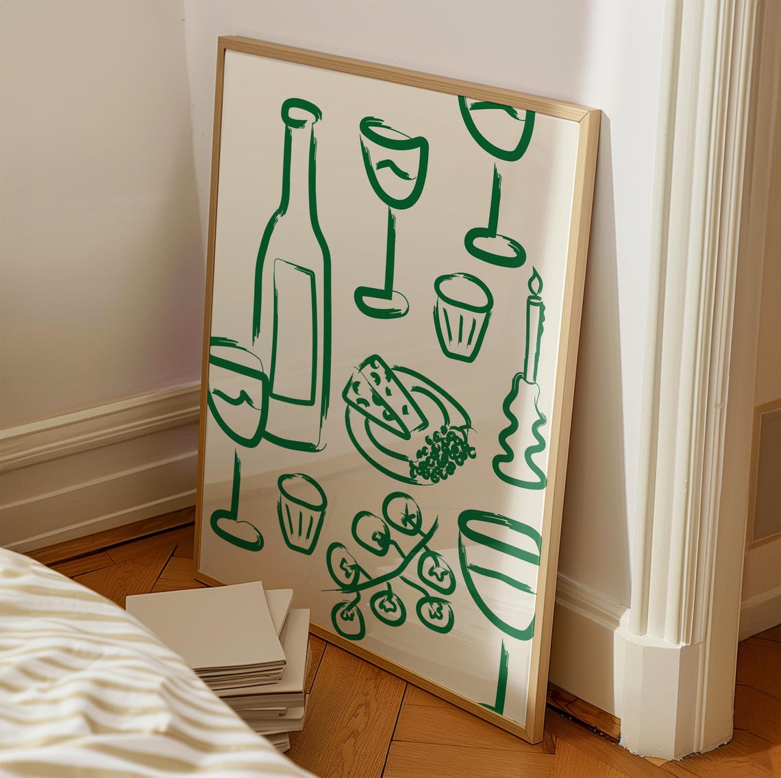 Modern Green Line Art Wine Bottle Glasses Cheese Kitchen Print - Image 3