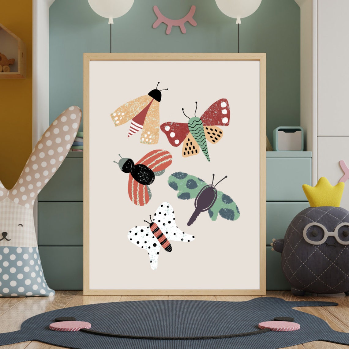Patterned Butterfly Moth Illustration Nursery Poster on Cream