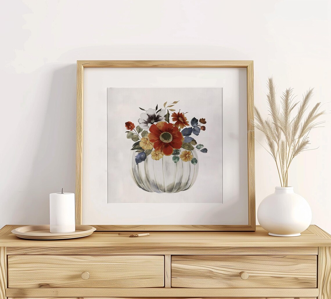 White Pumpkin Bouquet Fall Florals Watercolor Print Autumn Seasonal Wall Decor - Image 2