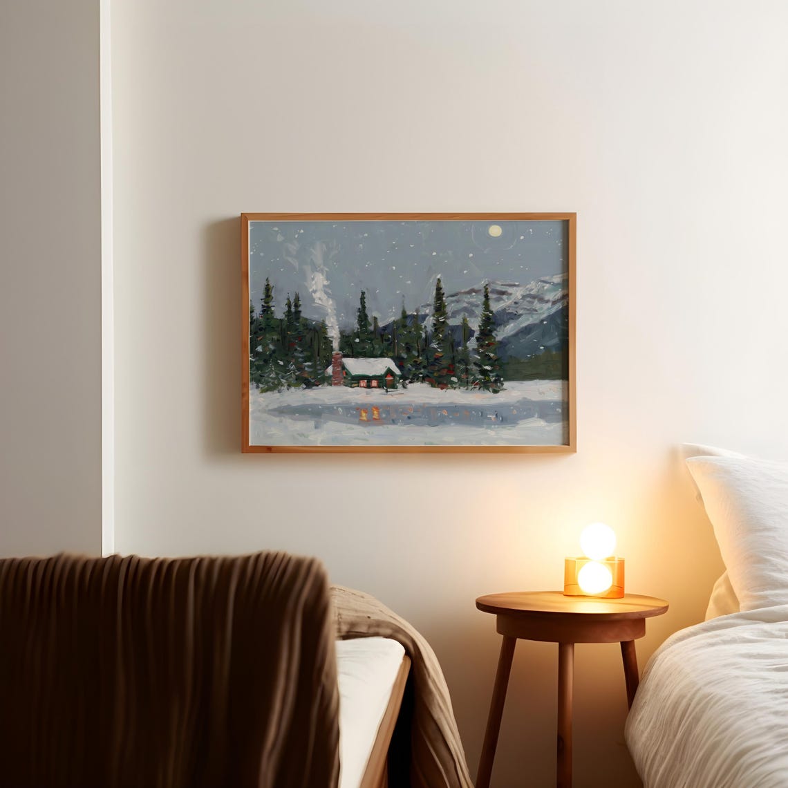 Cozy Winter Cottage Night Painting Snowy Cabin Moonlit Art Poster - Image 3