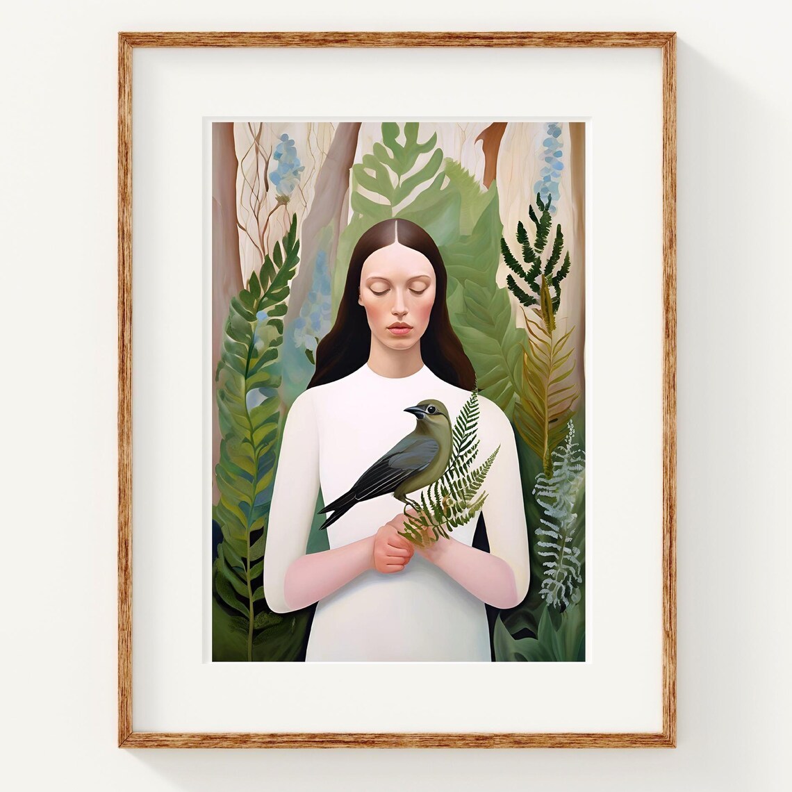 Woman Holding Bird Botanical Forest Fine Art Portrait Poster