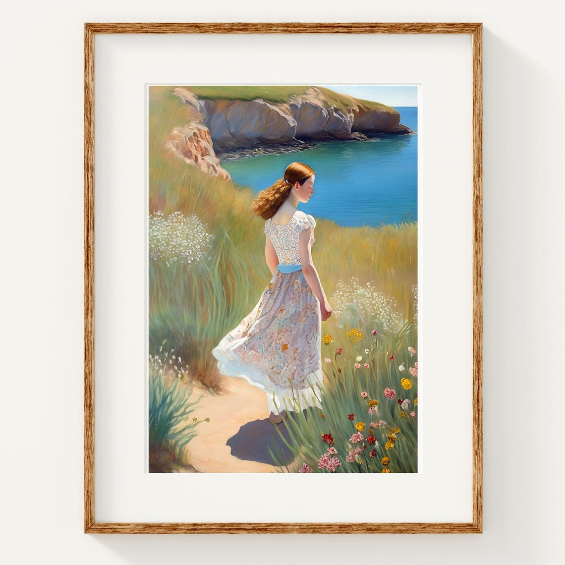 Woman On Cliff Path Overlooking Blue Sea Wildflower Art Poster