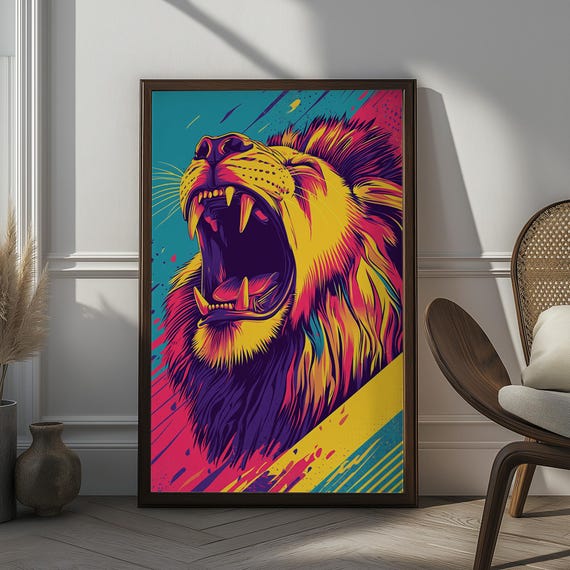 Colorful Lion Pop Art Print Bold Vibrant Animal Artwork With Abstract Splash Design Modern Wall Art For Living Room Or Office Gift For Dad