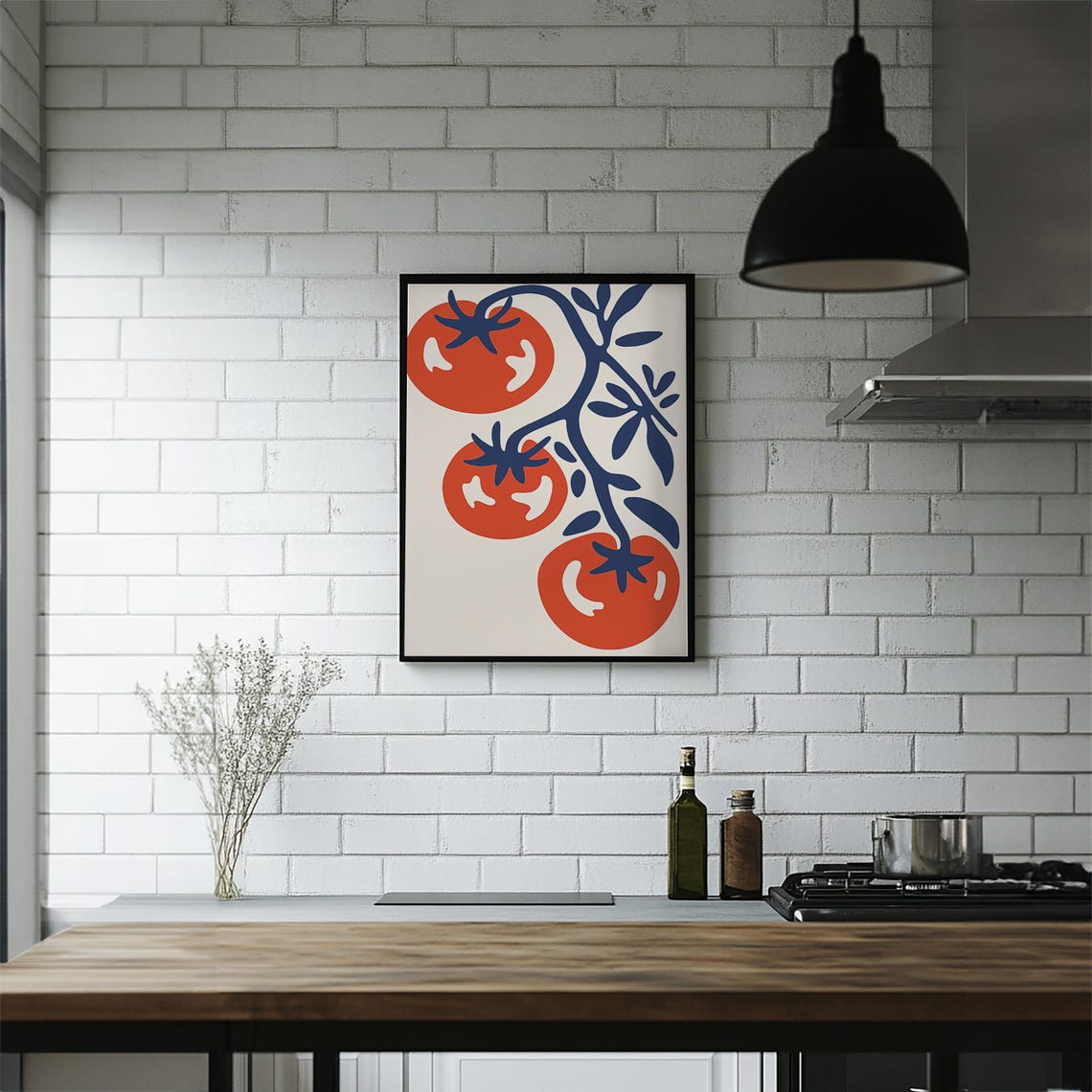 Modern Tomato Vine Red Blue Abstract Kitchen Botanical Wall Art - Image 5