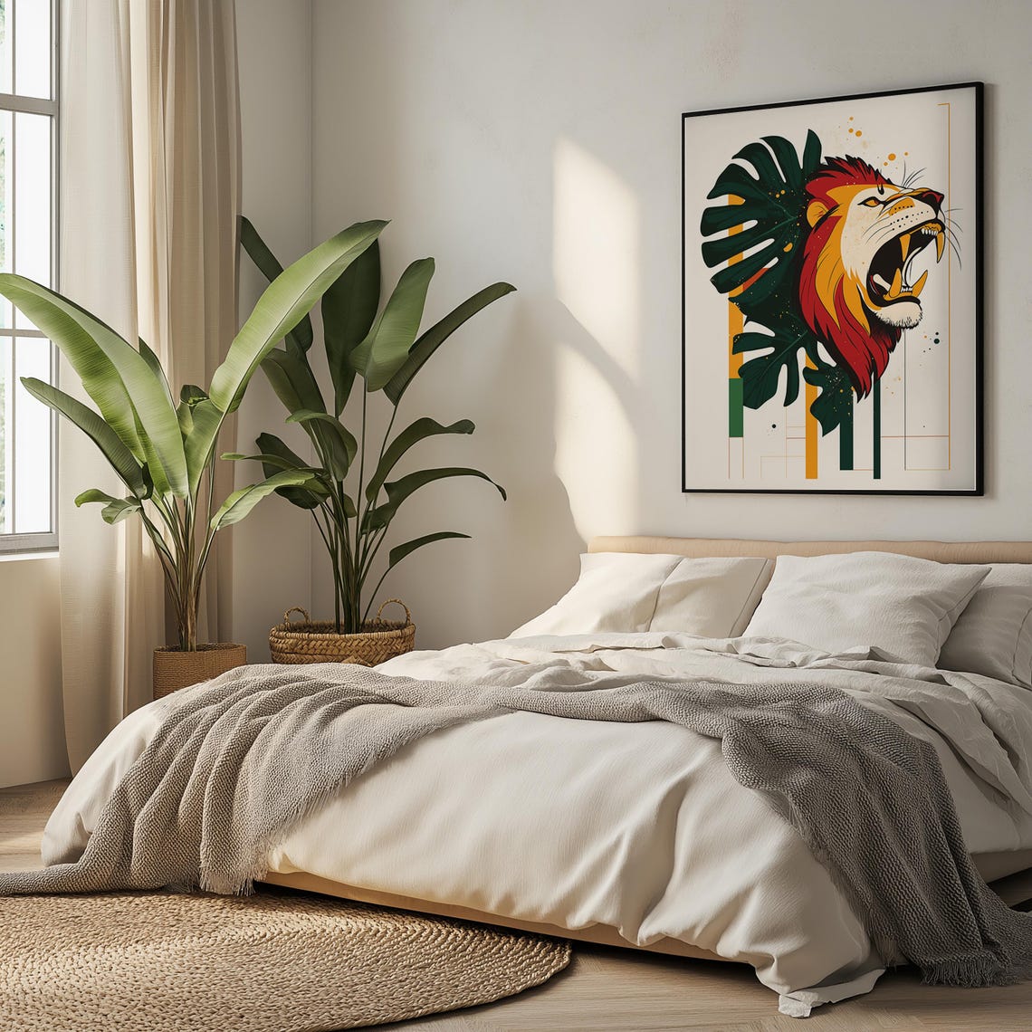 Roaring Lion Head With Monstera Leaves Tropical Modern Wall Art - Image 5