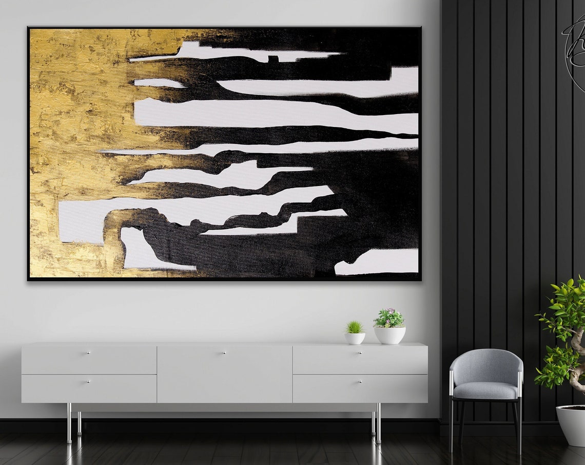 Black White Gold Bold Graphic Abstract Horizontal Art Poster - Image 4
