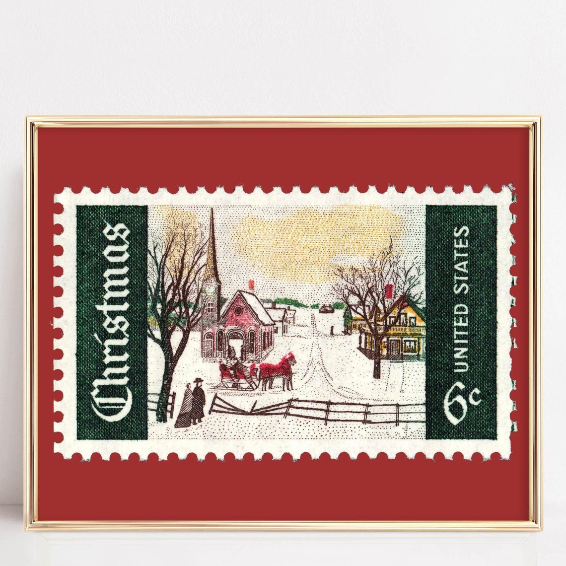 Vintage Christmas Stamp 6 Cent Sleigh Scene Red Frame Poster