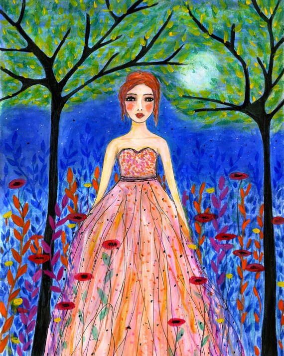 Redhead Woman in Pink Ball Gown Among Night Garden Flowers Art Poster
