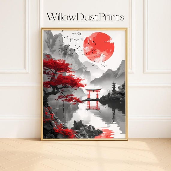 Japandi Art Gift Japanese Zen Landscape Wall Torii Gate Red Maple Tree Mountainsminimalist Oriental Home Office Decor Print