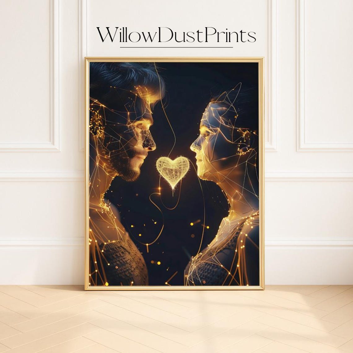 Futuristic Lovers With Golden Wireframe Heart Romance Poster