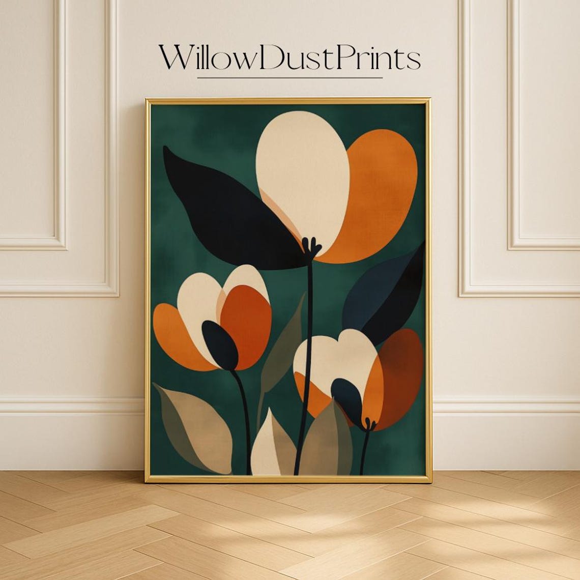 Mid Century Modern Tulip Flowers Cream Rust Teal Retro Floral Poster