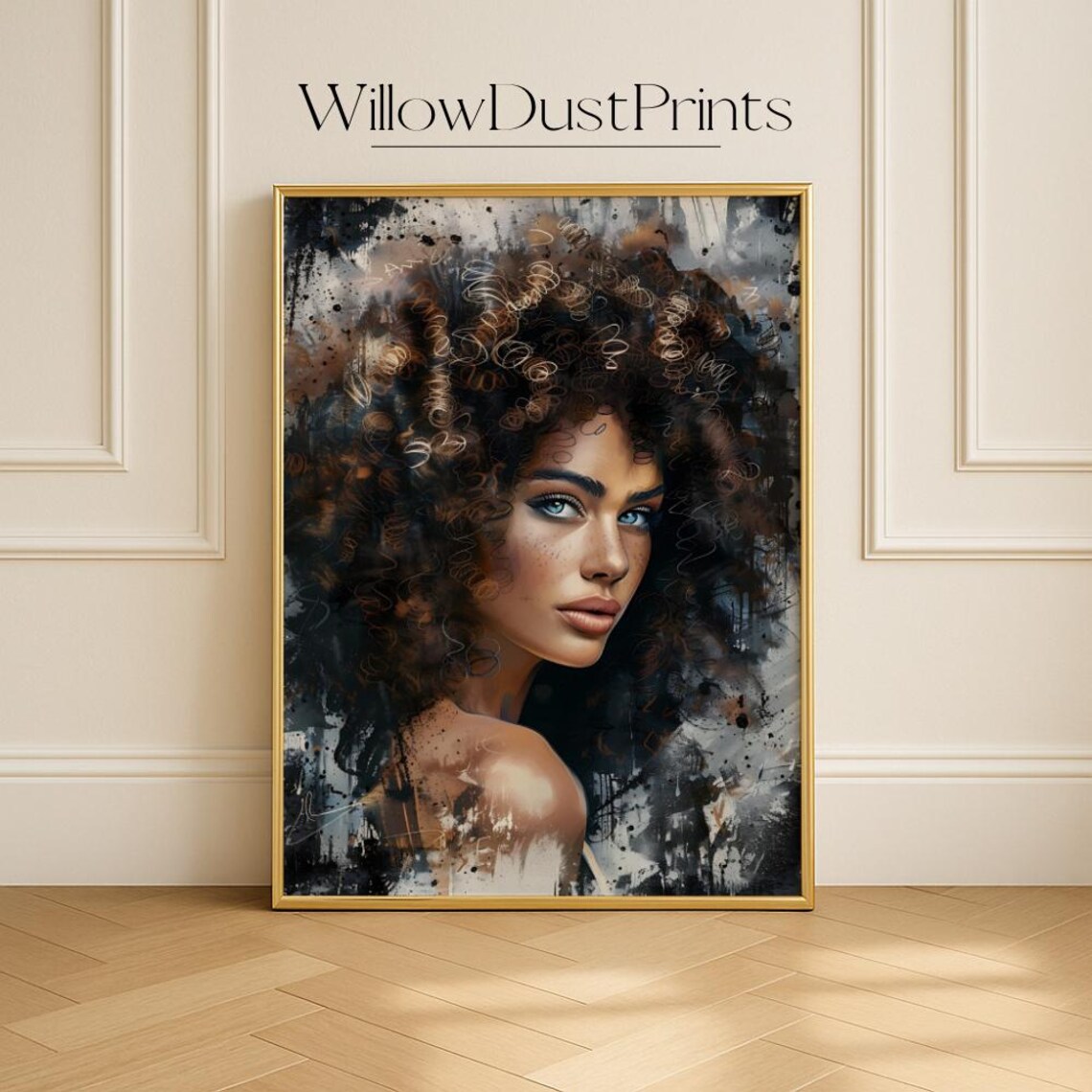 Curly Hair Woman Portrait Gray Watercolor Splatter Abstract Poster