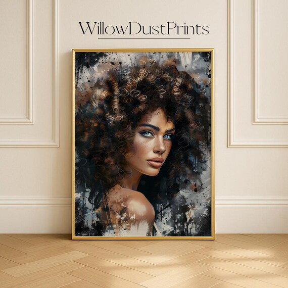 Curly Hair Woman Portrait Gray Watercolor Splatter Abstract Poster
