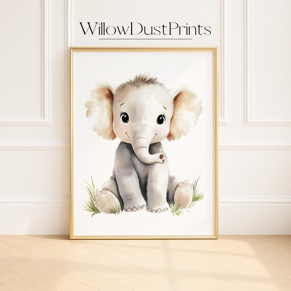 Cute Baby Elephant Watercolor Nursery Animal Art For Kids Room Poster