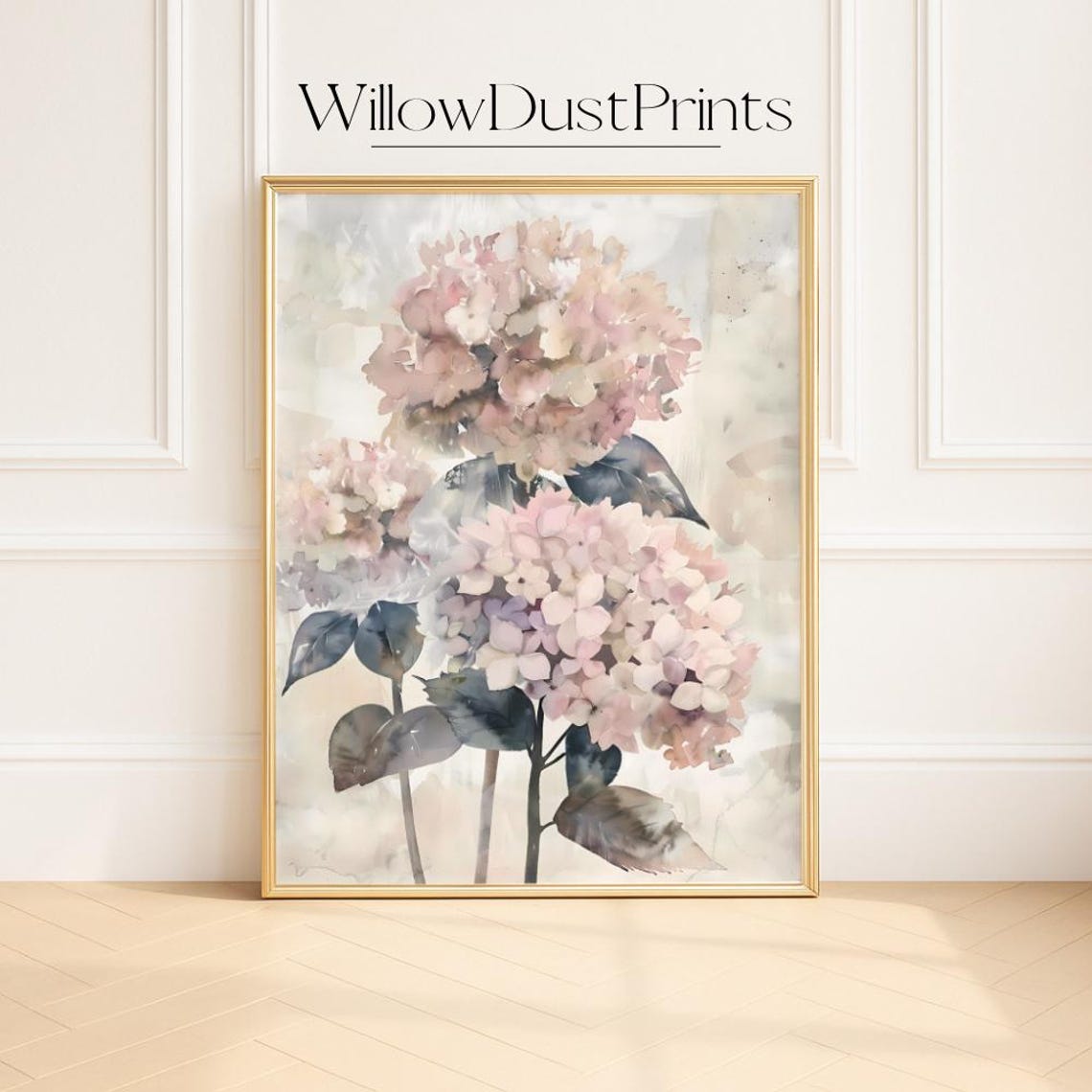 Blush Hydrangea Bouquet Soft Watercolor Botanical Floral Poster