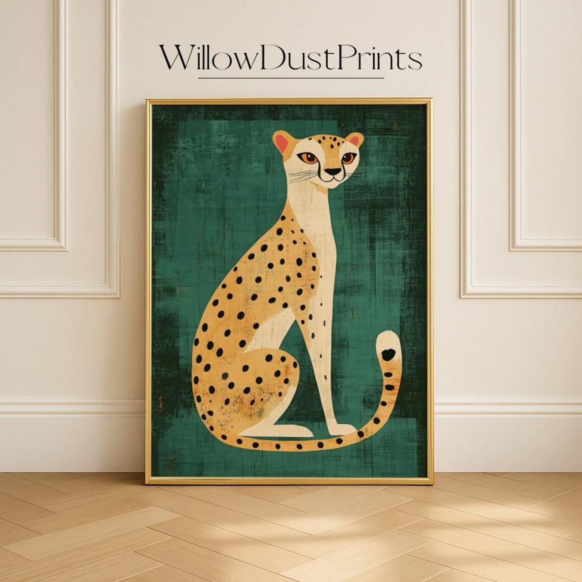 Sitting Cheetah Whimsical Illustration Spotted Wild Cat Green Jungle Poster