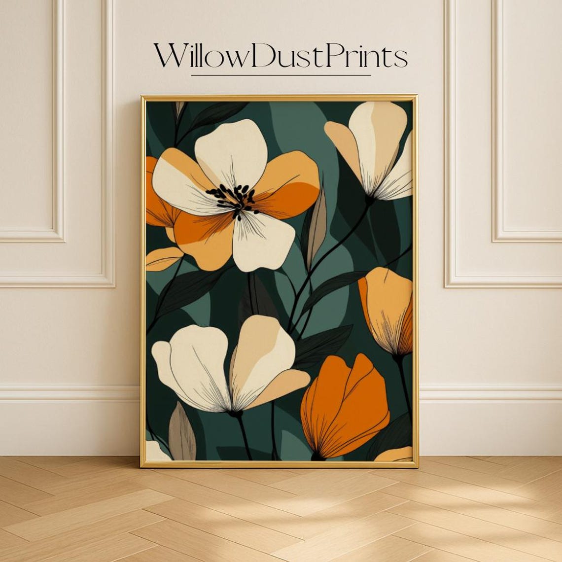 Cream Orange Bold Flowers Deep Teal Background Modern Botanical Poster