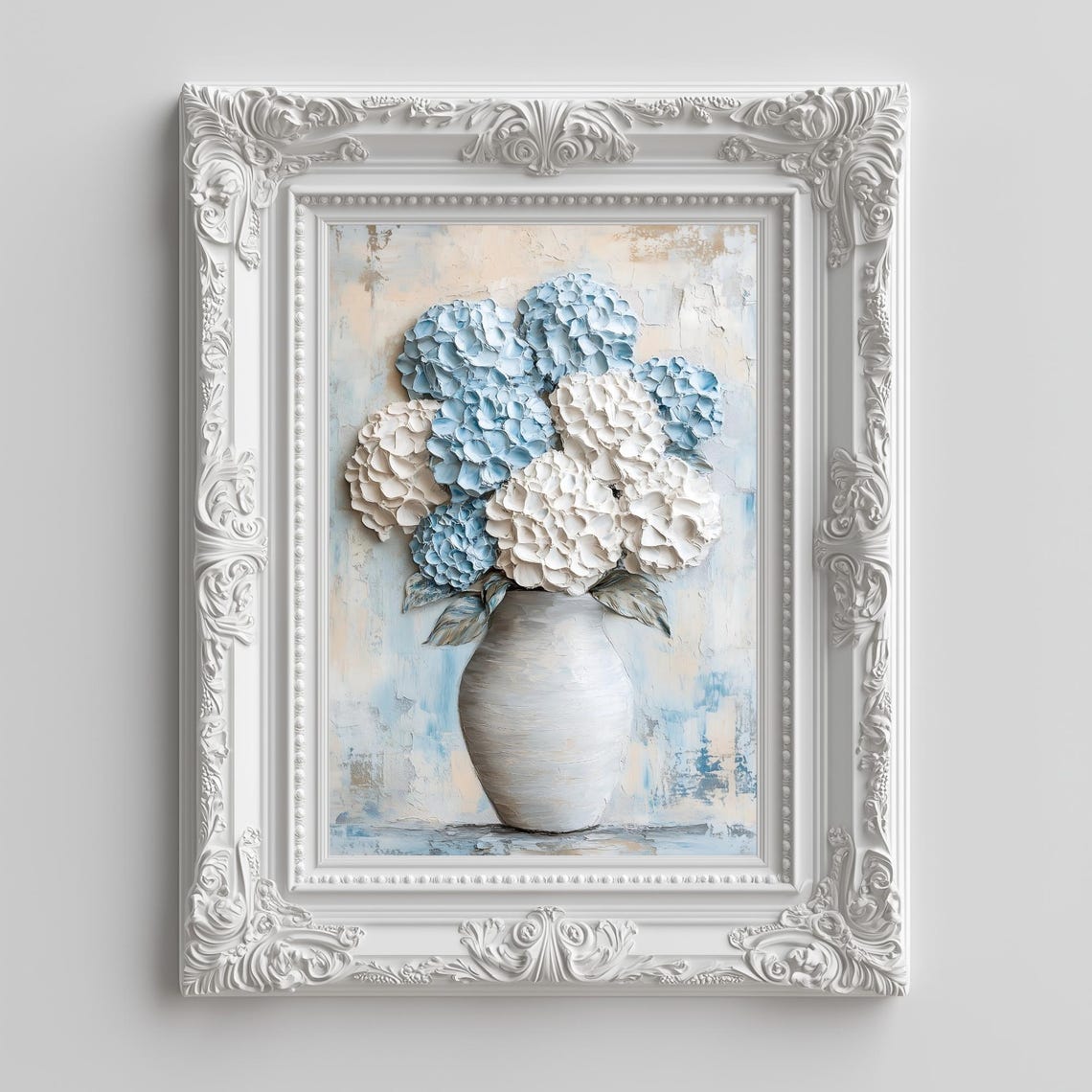 Blue White Hydrangeas White Vase Impasto Textured Floral Poster