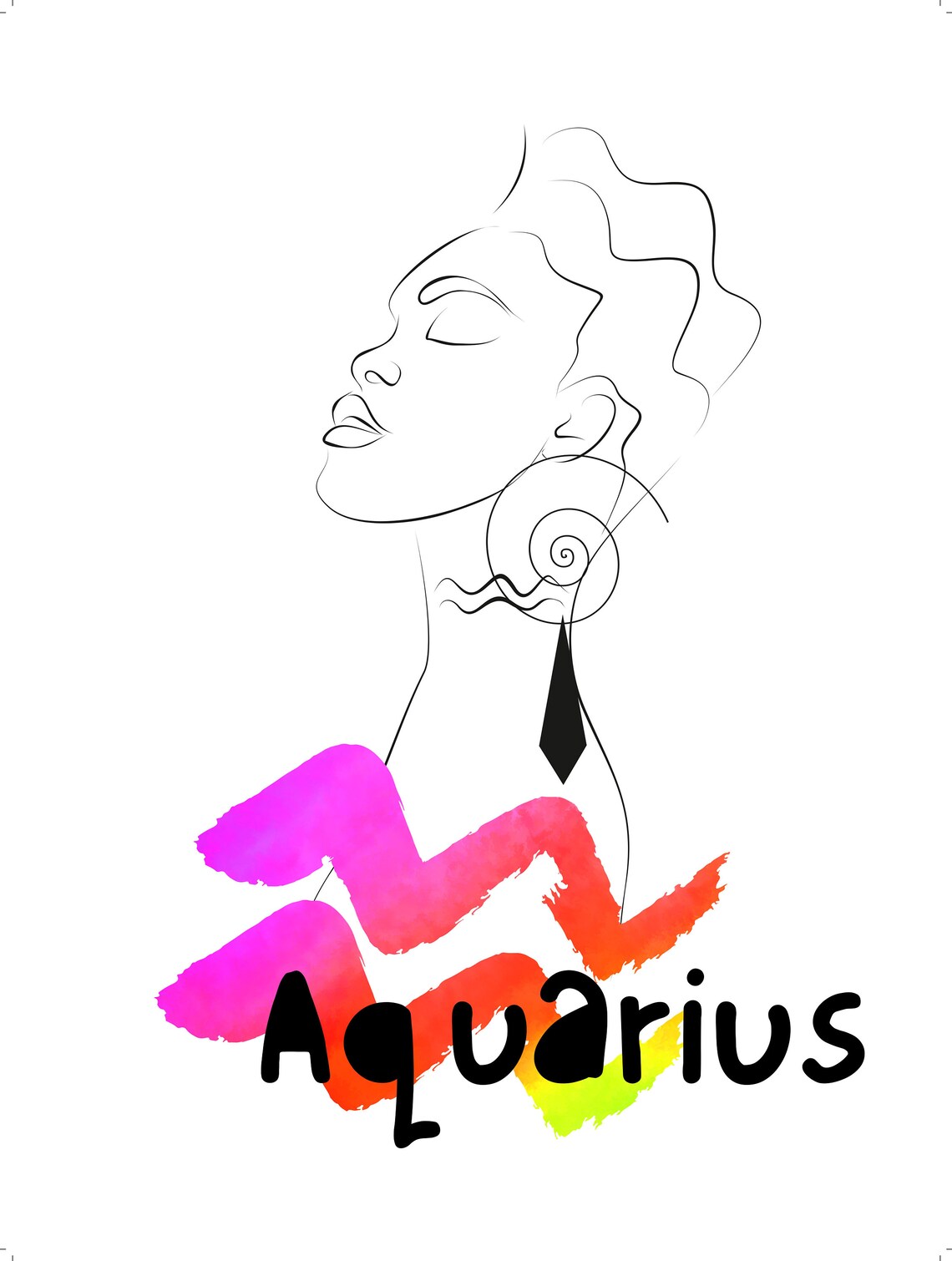 Aquarius Zodiac Line Art Woman Watercolor Wave Star Sign Poster - Image 2