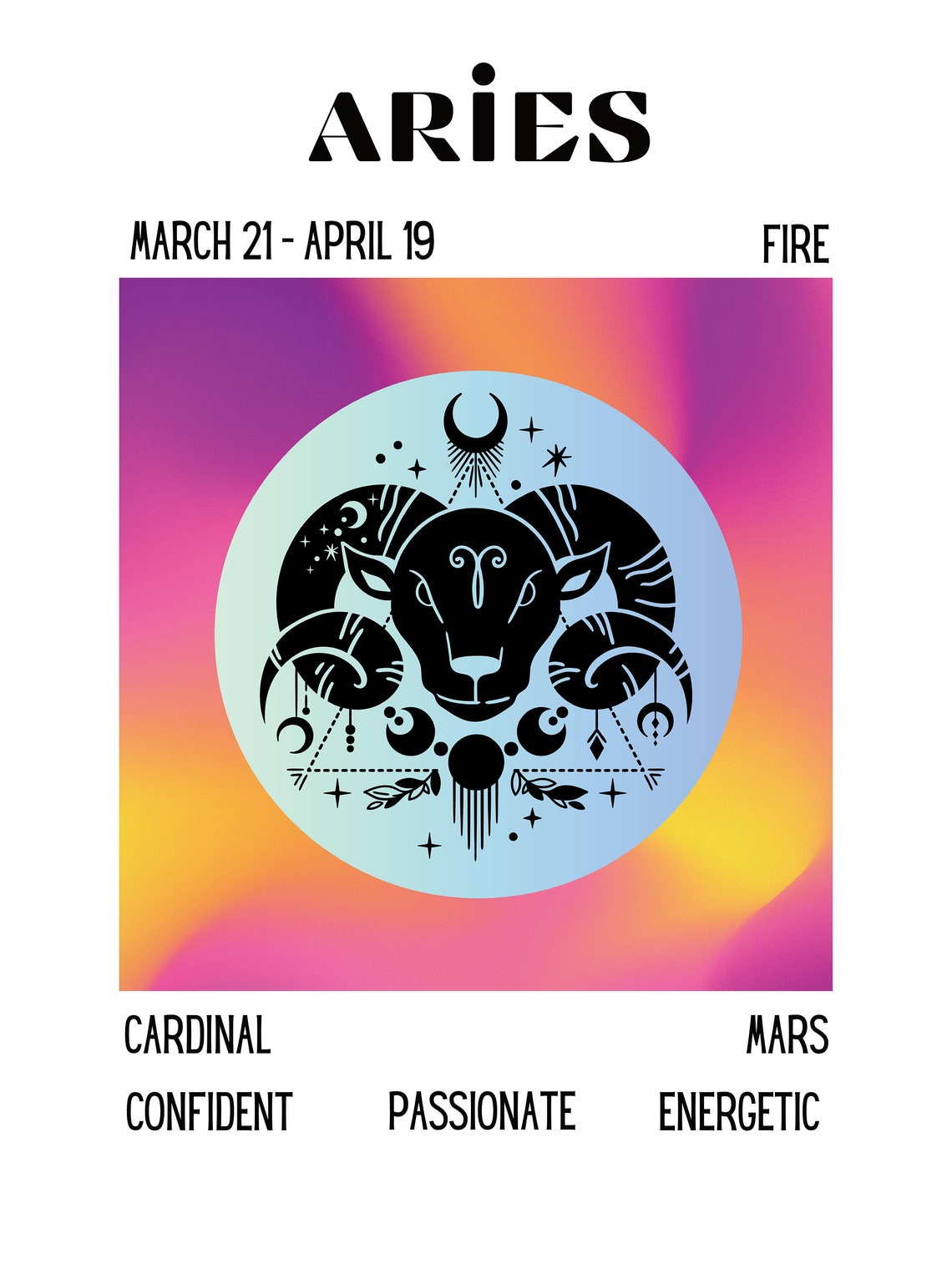 Aries Zodiac Sign Traits Dates Gradient Ram Circle Art Poster - Image 4