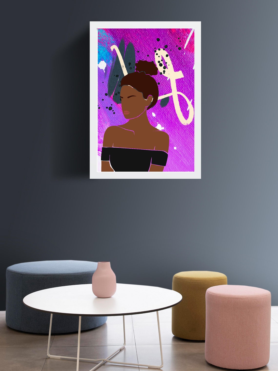 Woman Top Bun Magenta Purple Paint White Scribble Art Poster - Image 4