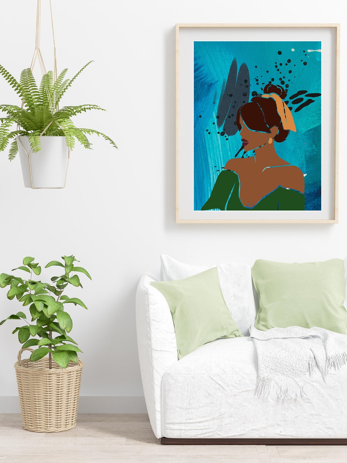 Abstract Woman Profile Gold Headband Teal Splatter Art Print - Image 4