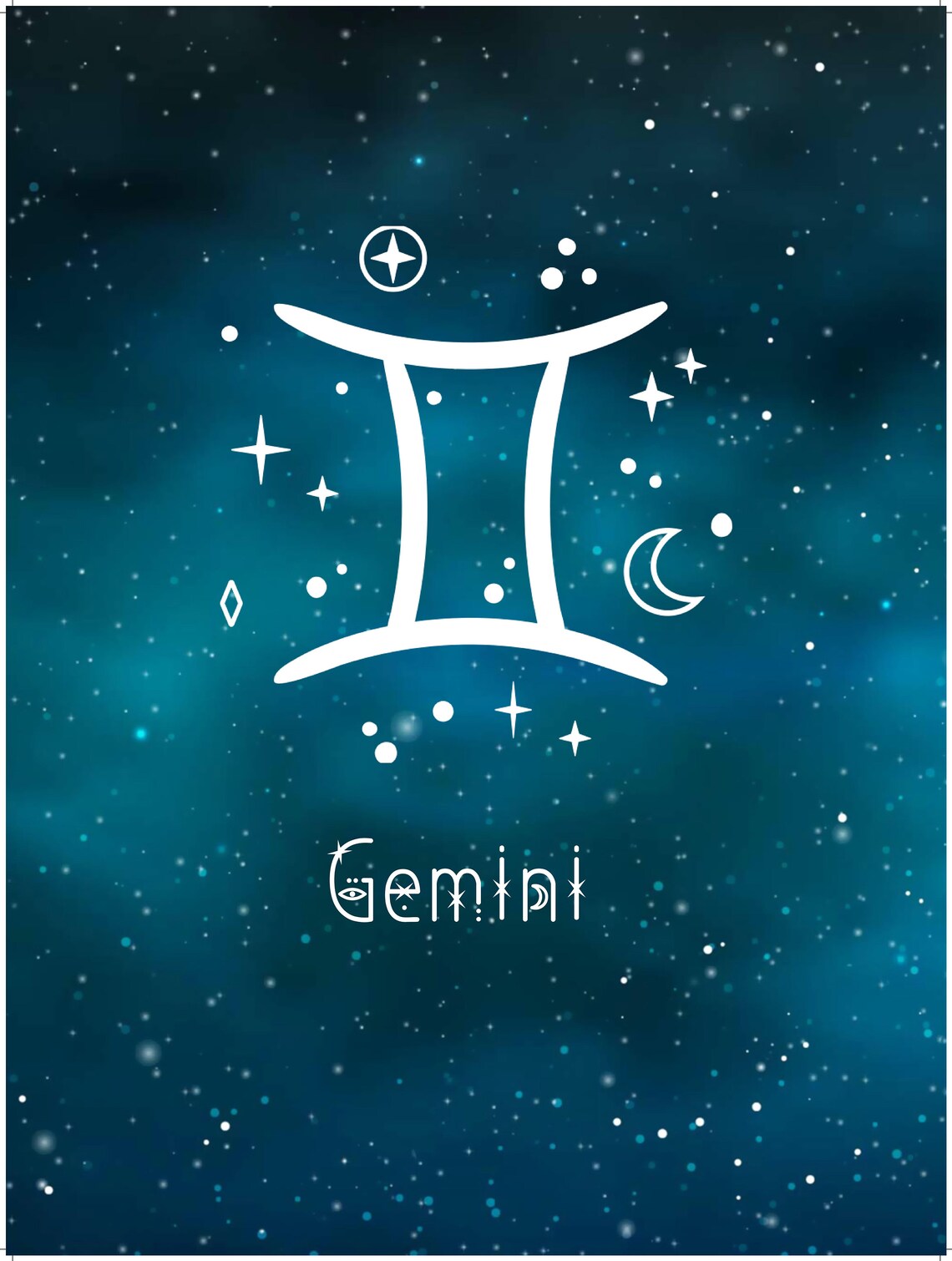 Gemini Zodiac Symbol Teal Starry Night Sky Astrology Art Print - Image 3