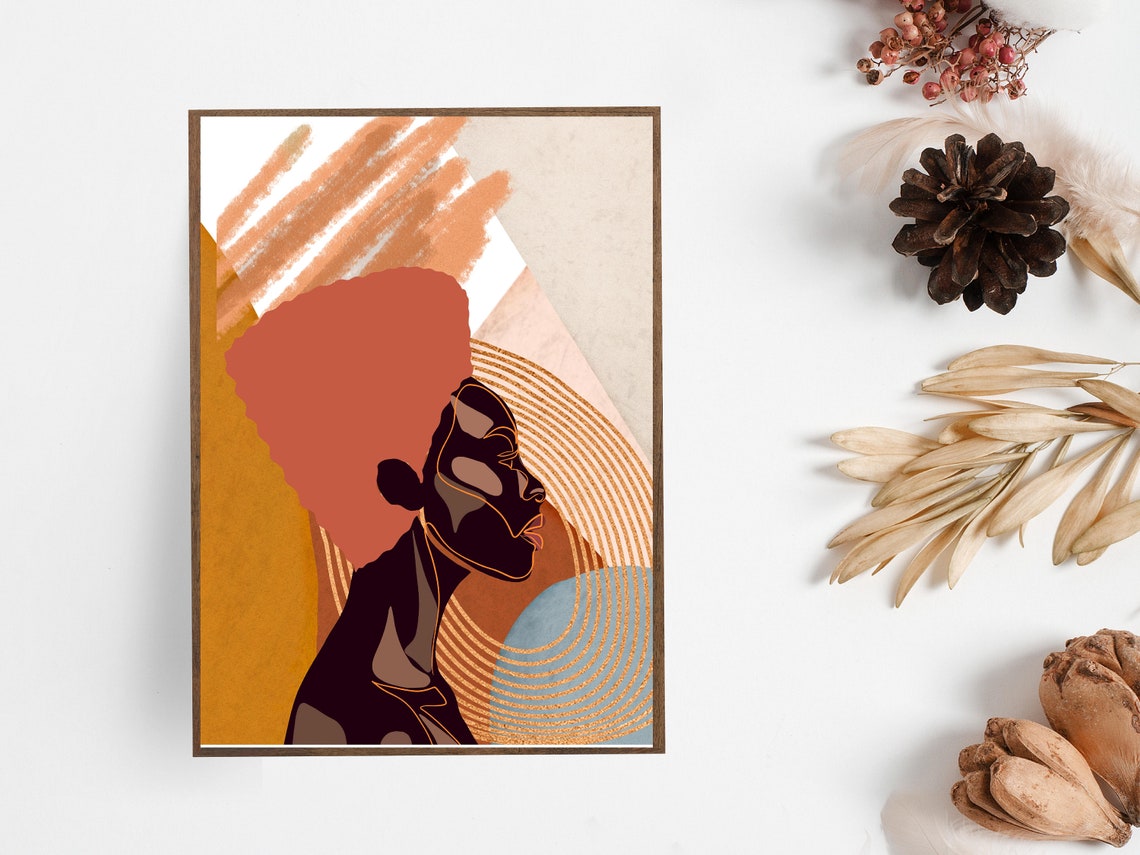 Queen Profile Woman Rust Afro Abstract Gold Circles Art Poster - Image 3