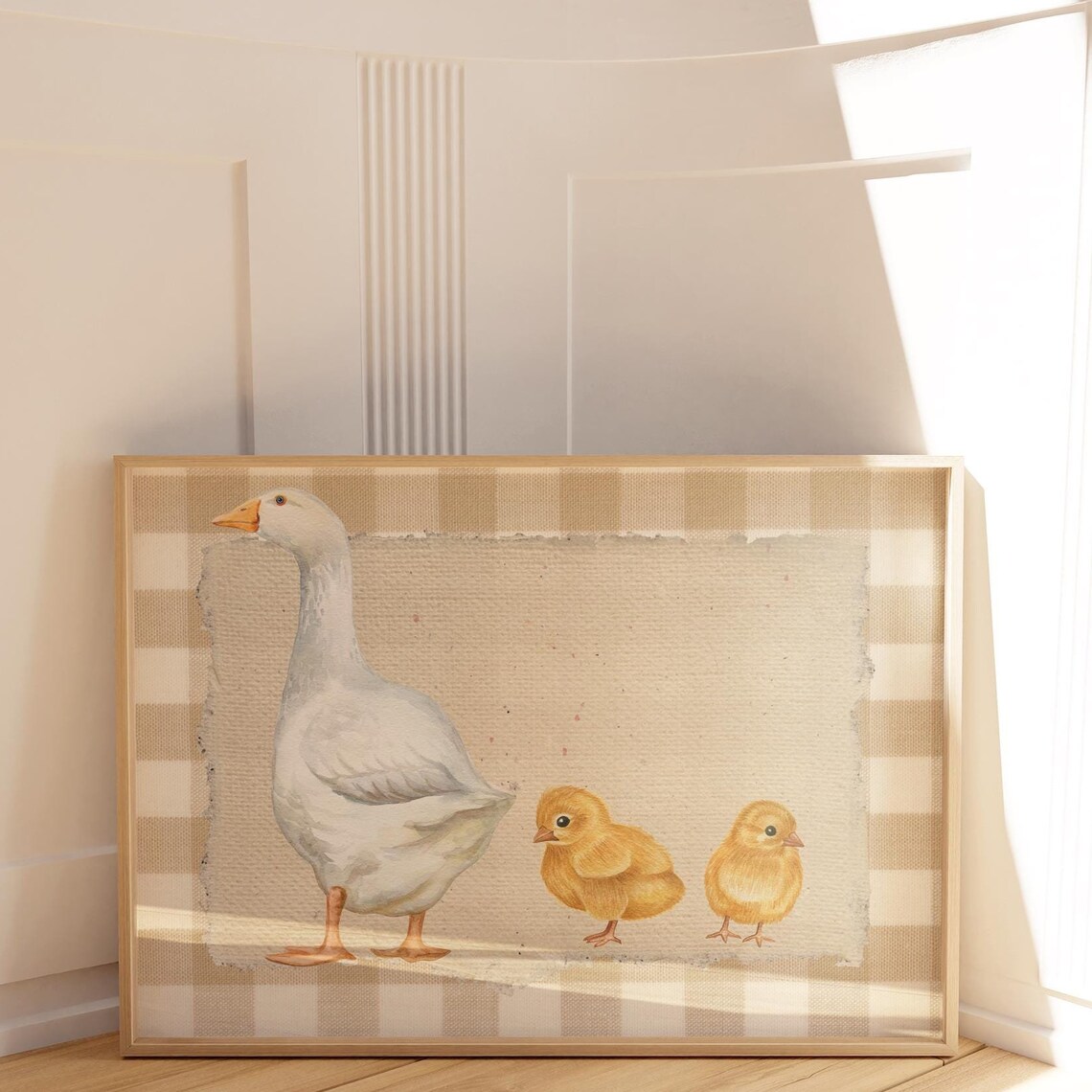 Goose and Two Chicks Brown Gingham Mother Goose Nursery Poster