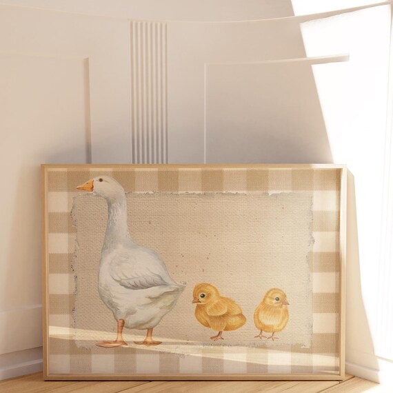 Goose and Two Chicks Brown Gingham Mother Goose Nursery Poster