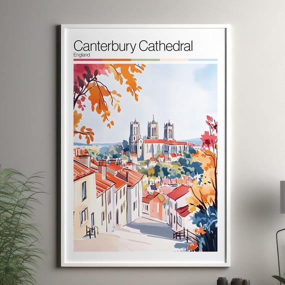 Canterbury Cathedral Print Soft Colors Travel Poster United Kingdom City Art Decor