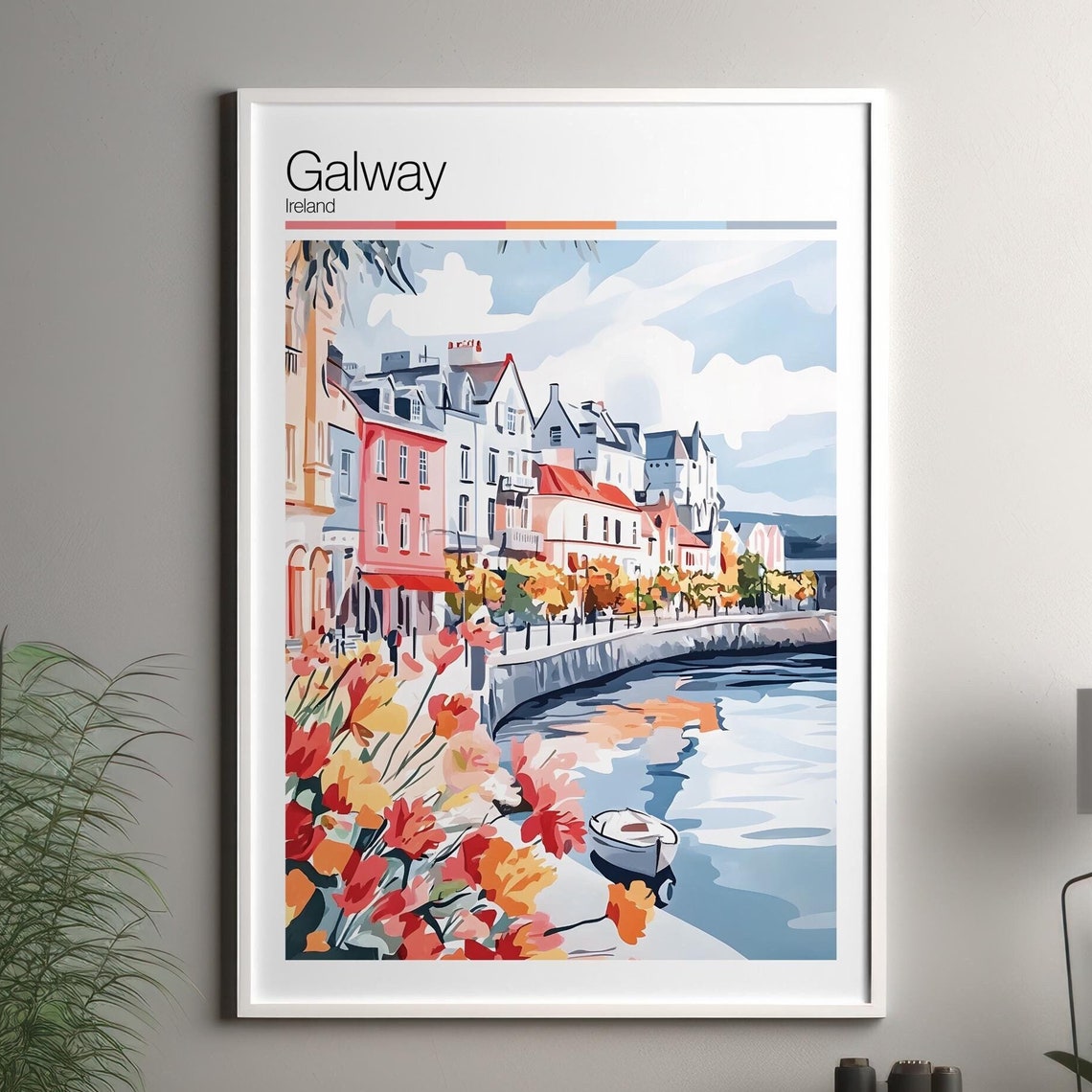 Galway Ireland River Watercolor Colorful Flower Quay Travel Poster