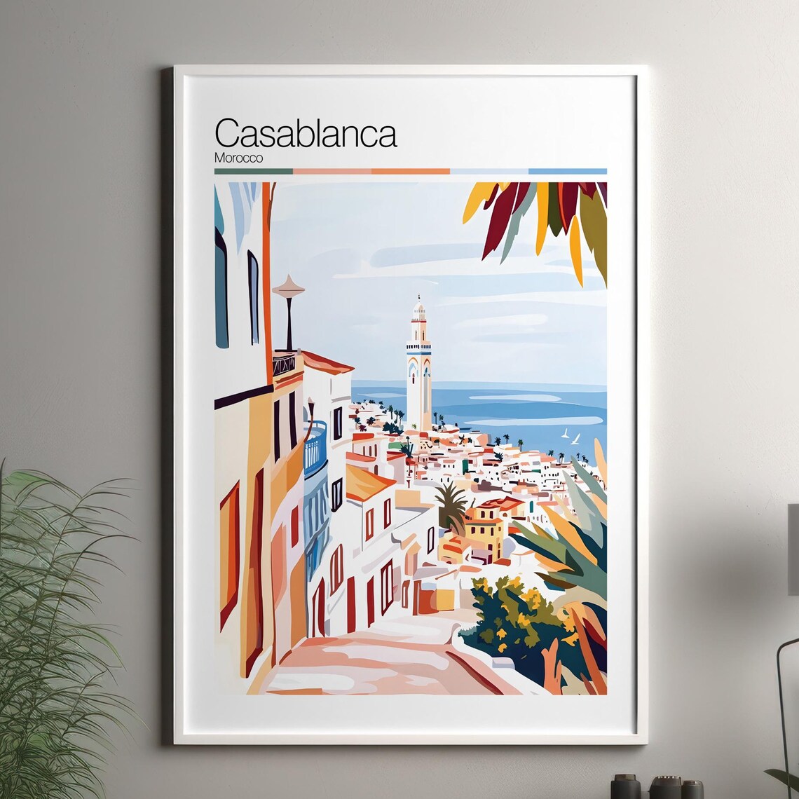 Casablanca Morocco Medina Hillside Minaret Sea Watercolor Travel Poster