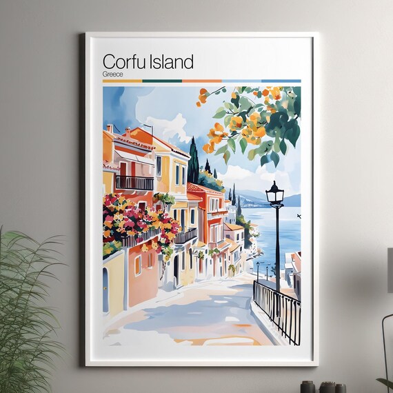 Corfu Island Greece Coastal Street Bougainvillea Watercolor Poster
