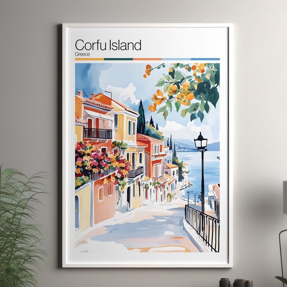 Corfu Island Print Soft Colors Travel Poster Colourful Wall Art Greece City Decor