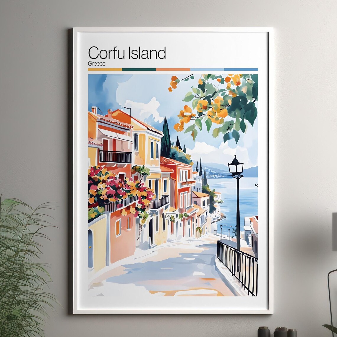 Corfu Island Greece Coastal Street Bougainvillea Watercolor Poster