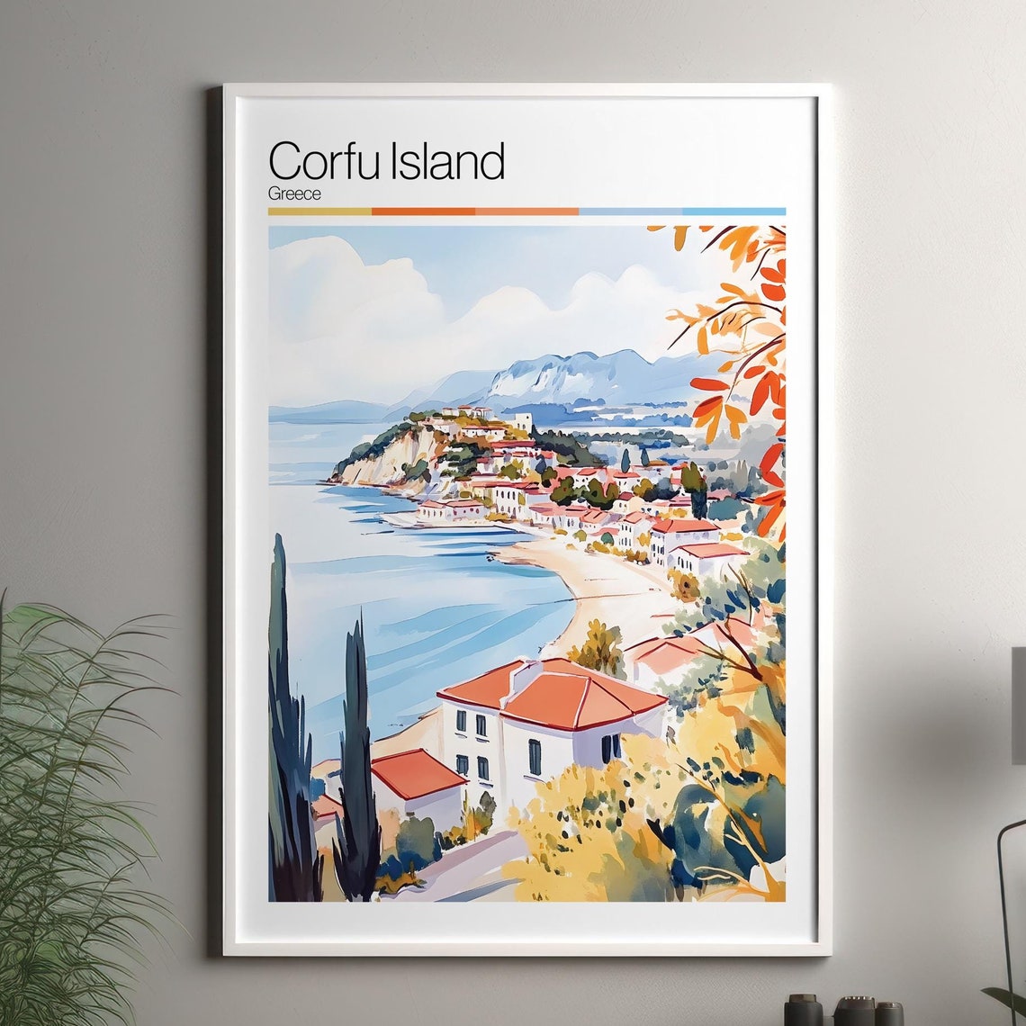 Corfu Island Print Soft Colors Travel Poster Colourful Wall Art Greece City Decor
