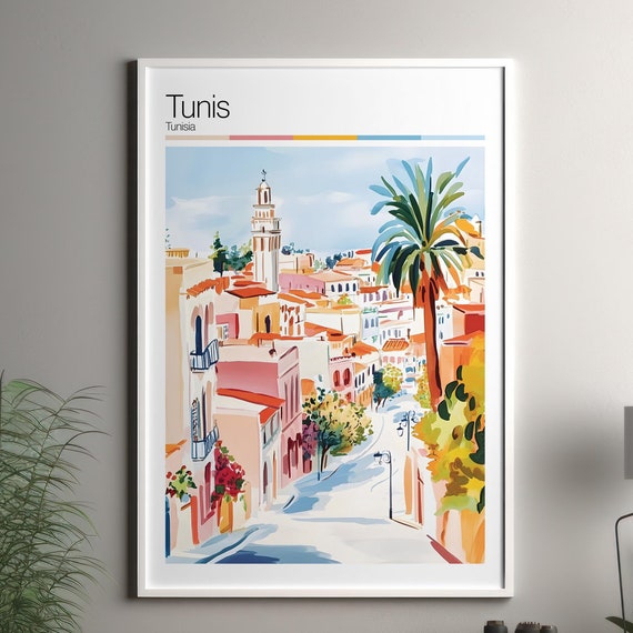 Tunis Print Soft Colors Travel Poster Colourful Wall Art Tunisia City Decor For