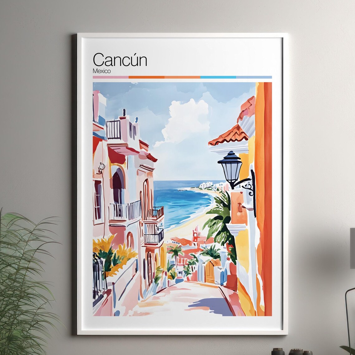 Cancun Mexico Watercolor Travel Poster Beach Street Palm Trees Ocean Scene