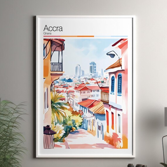 Accra Ghana Soft Watercolor Street Red Roofs City Travel Poster