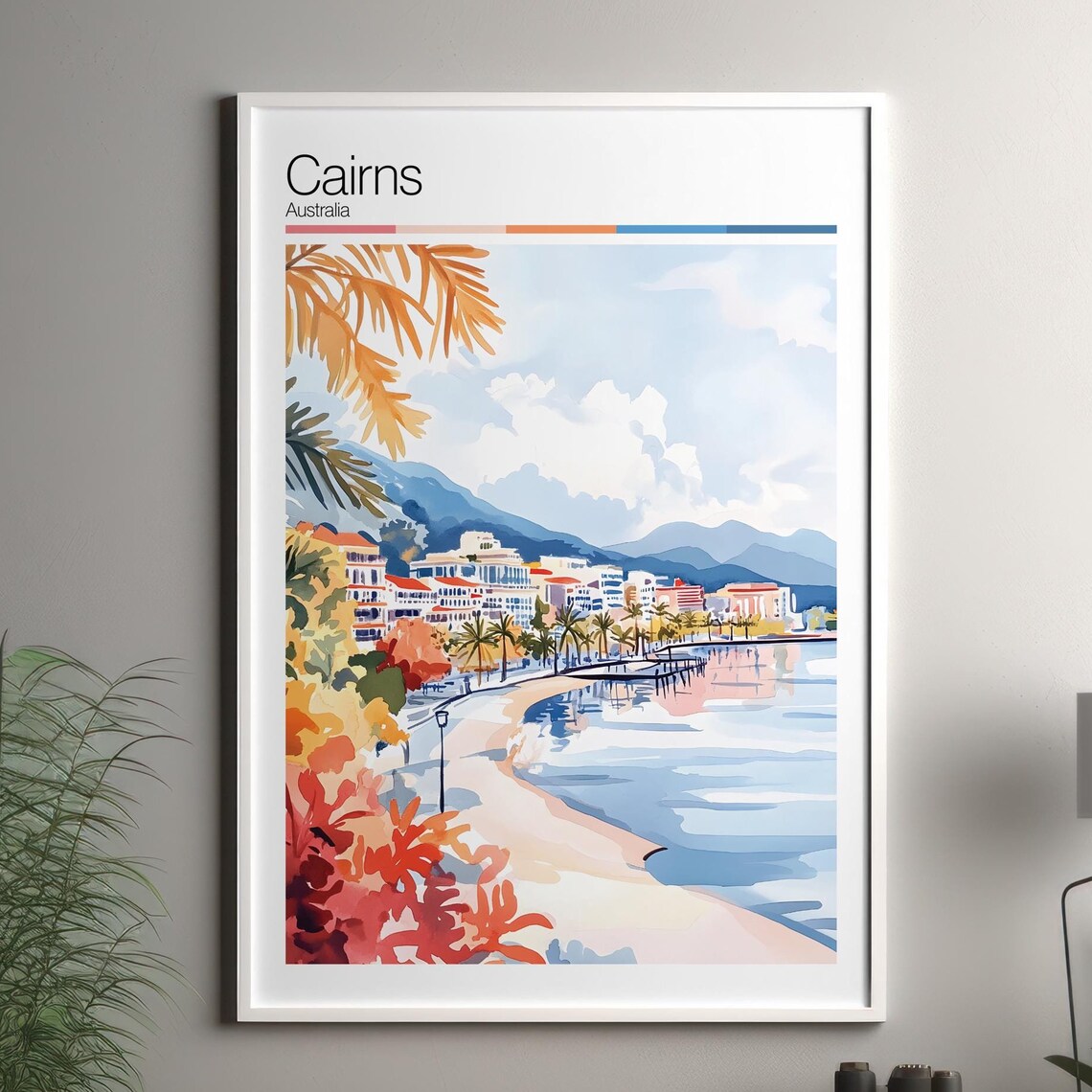 Cairns Australia Beach Waterfront Palms Mountains Watercolor Travel Poster
