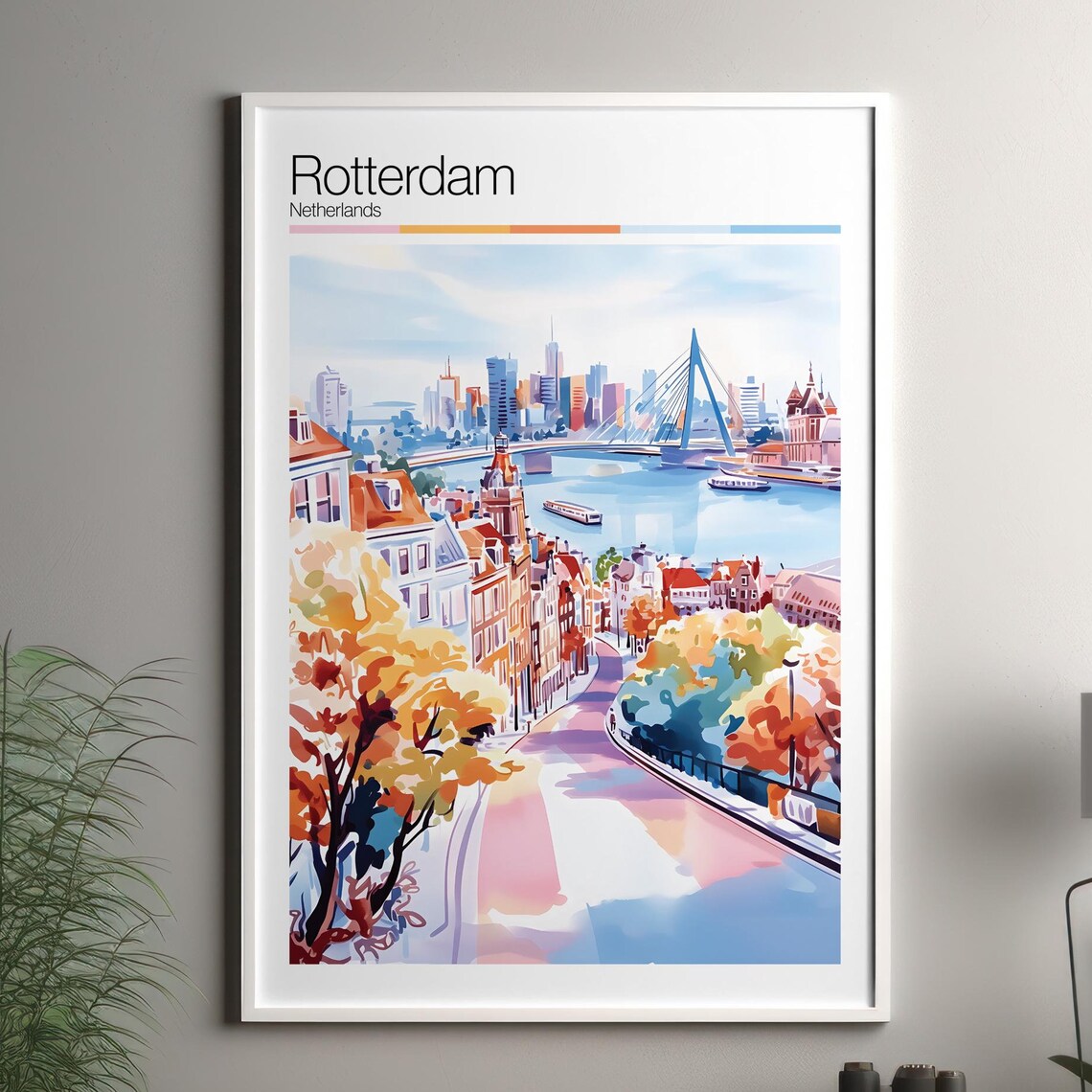 Rotterdam Netherlands Skyline Erasmus Bridge Travel Poster Autumn Watercolor